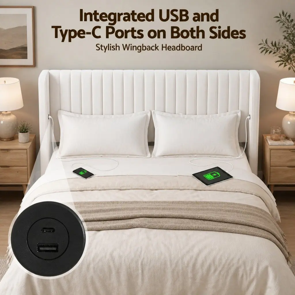 King Bed Frame White Velvet Gaslift Storage Dual USB Type-C Charging Ports