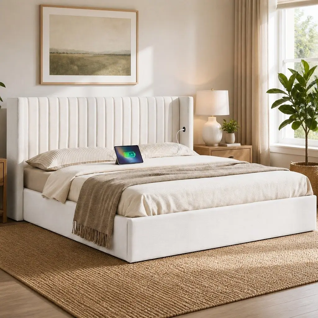King Bed Frame White Velvet Gaslift Storage Dual USB Type-C Charging Ports