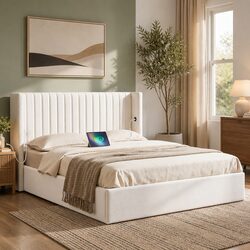 Queen Bed Frame with Gaslift Storage Dual USB Type-C Charging Ports Velvet