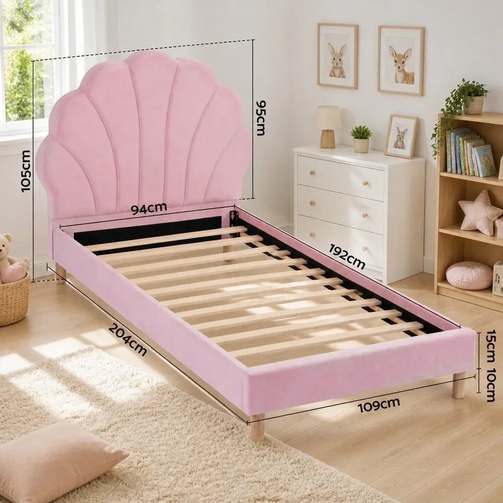 Single Bed Frame Scallop Upholstered Headboard Pink Platform Base 180kg Capacity