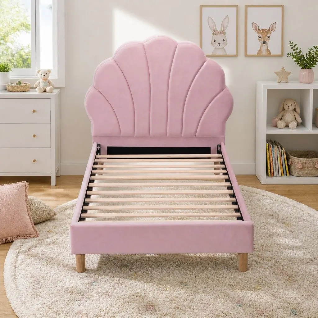 Single Bed Frame Scallop Upholstered Headboard Pink Platform Base 180kg Capacity