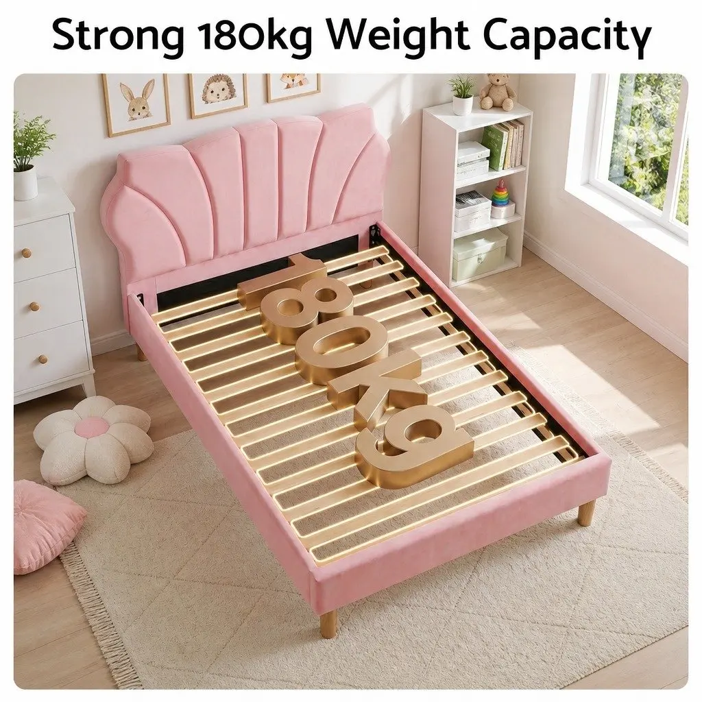 Single Bed Frame Scallop Upholstered Headboard Pink Platform Base 180kg Capacity