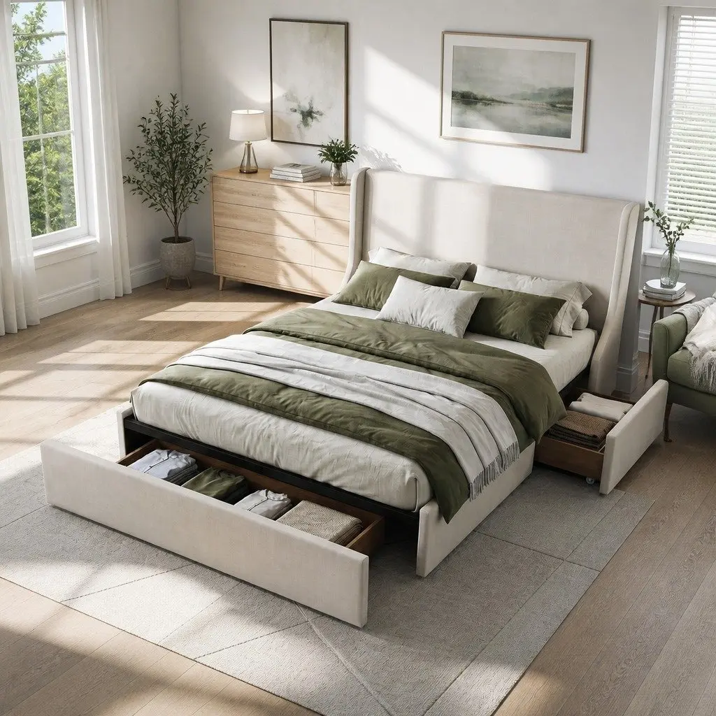Double Upholstered Bed Frame Beige with 3 Storage Drawers Wingback Headboard Metal Construction