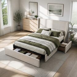 Compact Double Upholstered Bed Frame with Drawer Storage