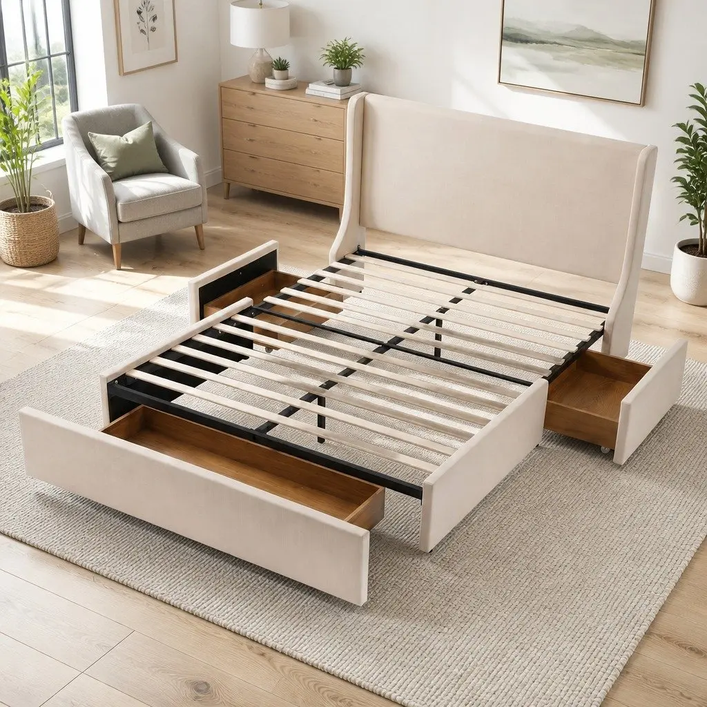 Double Upholstered Bed Frame Beige with 3 Storage Drawers Wingback Headboard Metal Construction