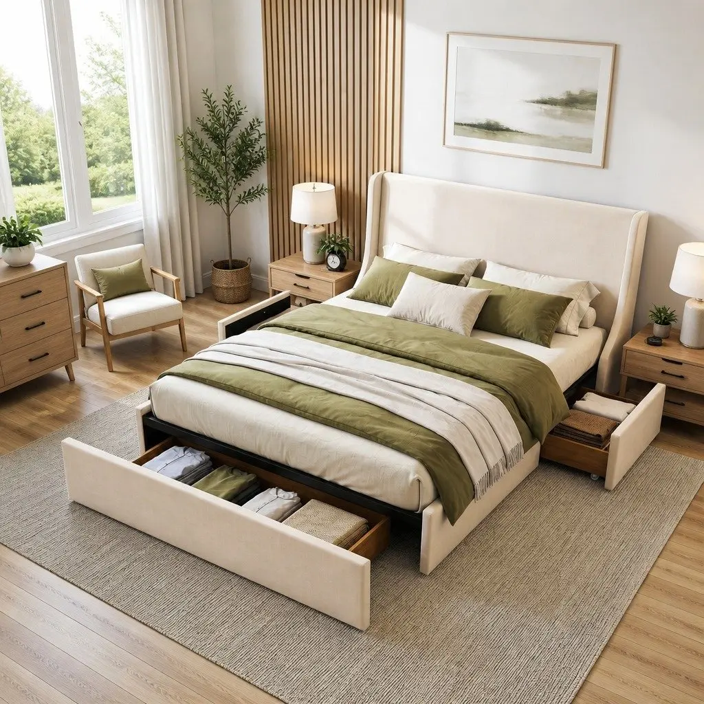 Double Upholstered Bed Frame Beige with 3 Storage Drawers Wingback Headboard Metal Construction