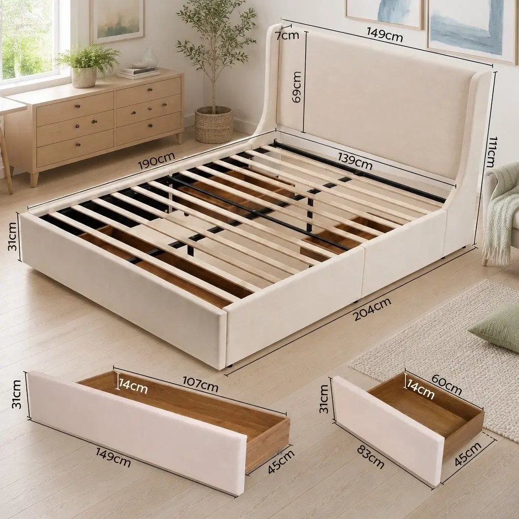Double Upholstered Bed Frame Beige with 3 Storage Drawers Wingback Headboard Metal Construction