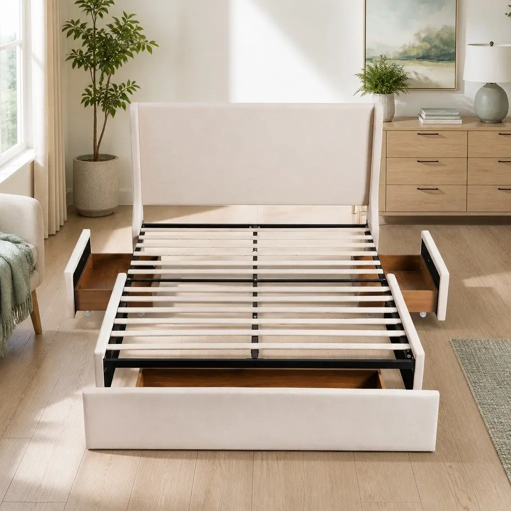 Double Upholstered Bed Frame Beige with 3 Storage Drawers Wingback Headboard Metal Construction