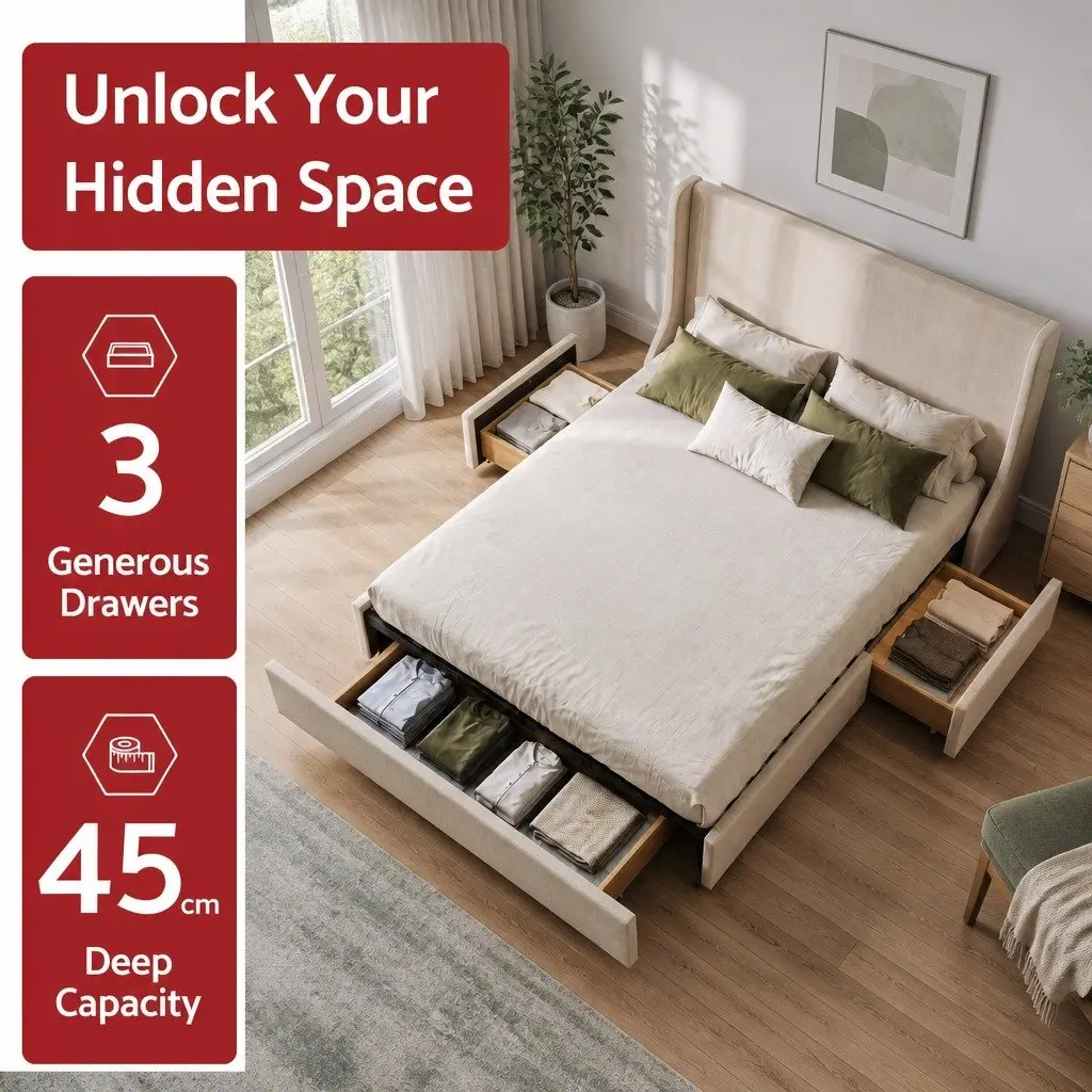 Double Upholstered Bed Frame Beige with 3 Storage Drawers Wingback Headboard Metal Construction