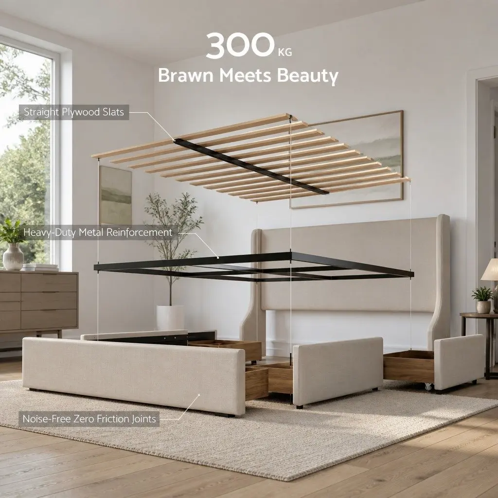 Double Upholstered Bed Frame Beige with 3 Storage Drawers Wingback Headboard Metal Construction