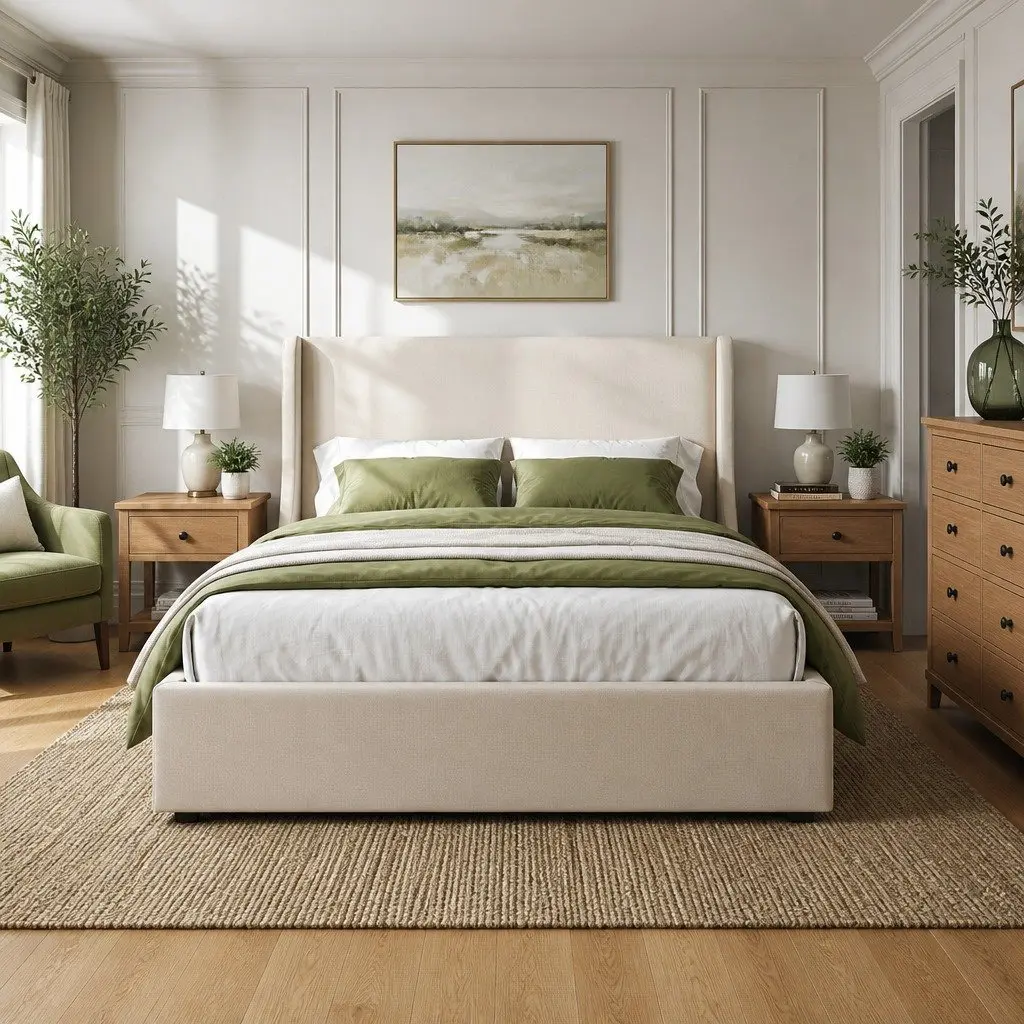Double Upholstered Bed Frame Beige with 3 Storage Drawers Wingback Headboard Metal Construction