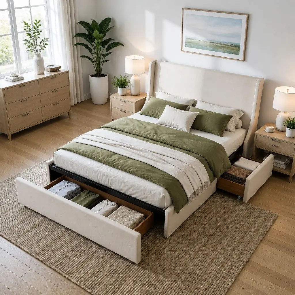 King Upholstered Bed Frame with 3 Storage Drawers Wingback Headboard Metal