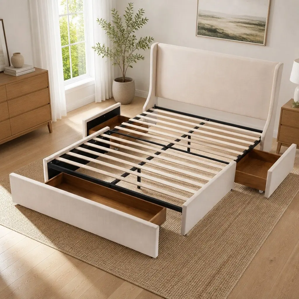 King Bed Frame Beige Upholstered with Wingback Headboard and 3 Storage Drawers