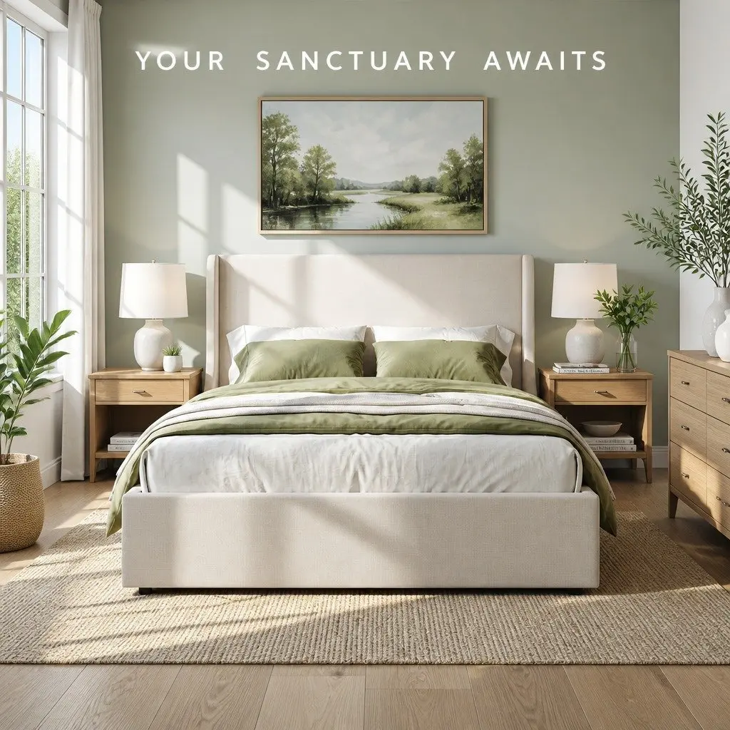 King Bed Frame Beige Upholstered with Wingback Headboard and 3 Storage Drawers