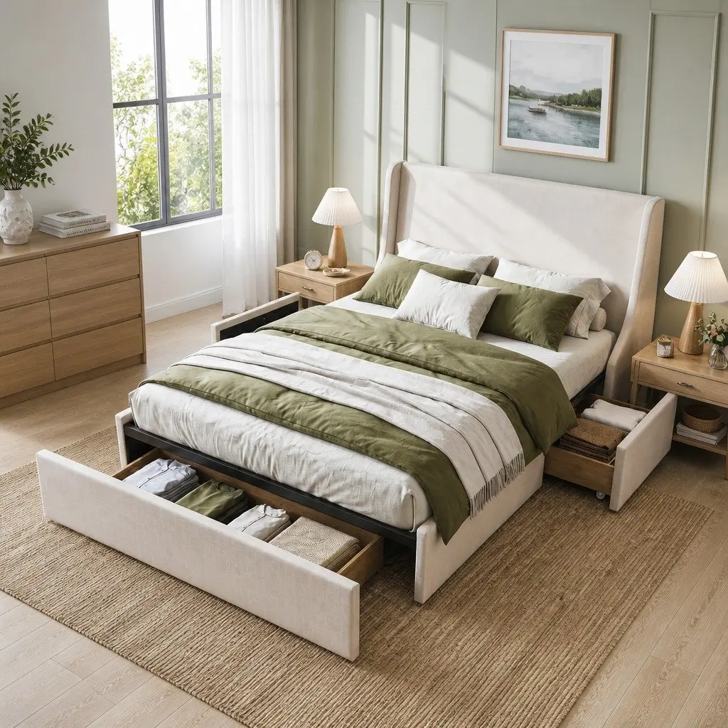 King Bed Frame Beige Upholstered with Wingback Headboard and 3 Storage Drawers