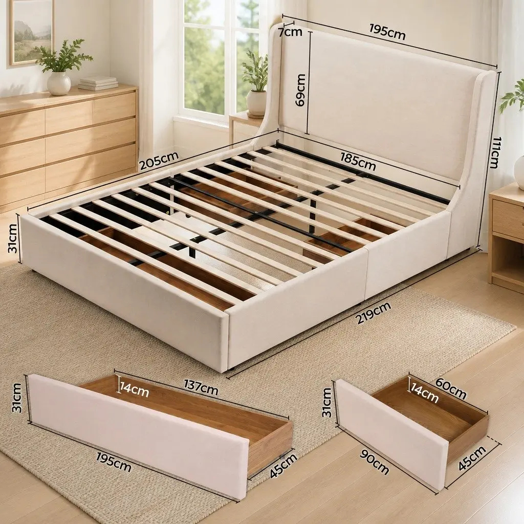 King Bed Frame Beige Upholstered with Wingback Headboard and 3 Storage Drawers