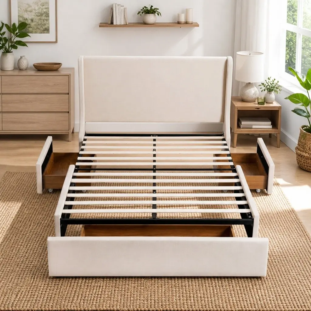 King Bed Frame Beige Upholstered with Wingback Headboard and 3 Storage Drawers