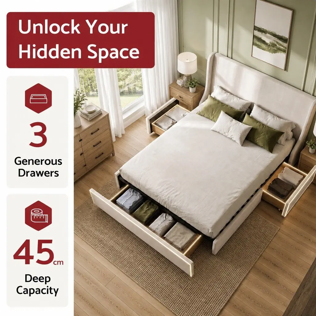 King Bed Frame Beige Upholstered with Wingback Headboard and 3 Storage Drawers