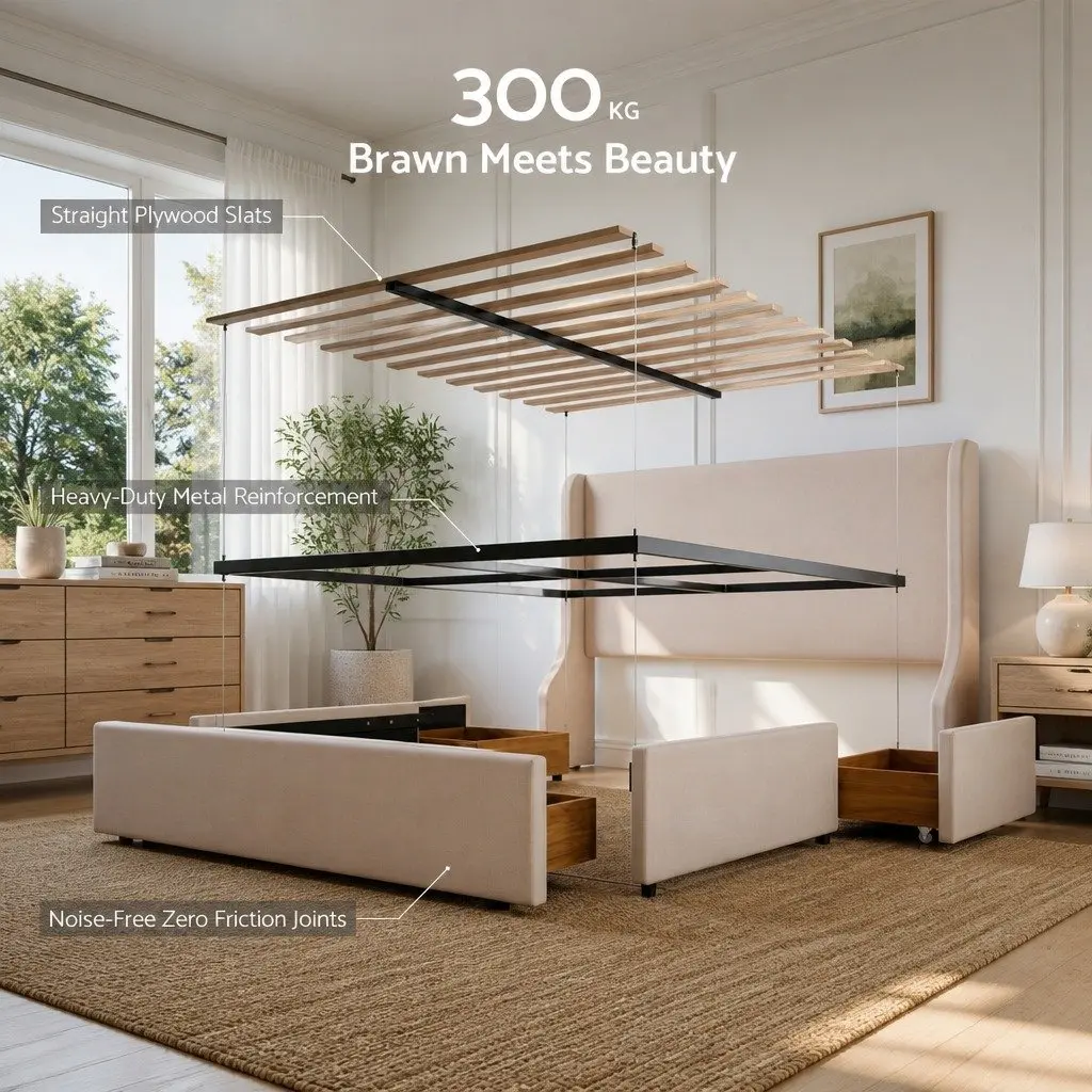 King Bed Frame Beige Upholstered with Wingback Headboard and 3 Storage Drawers