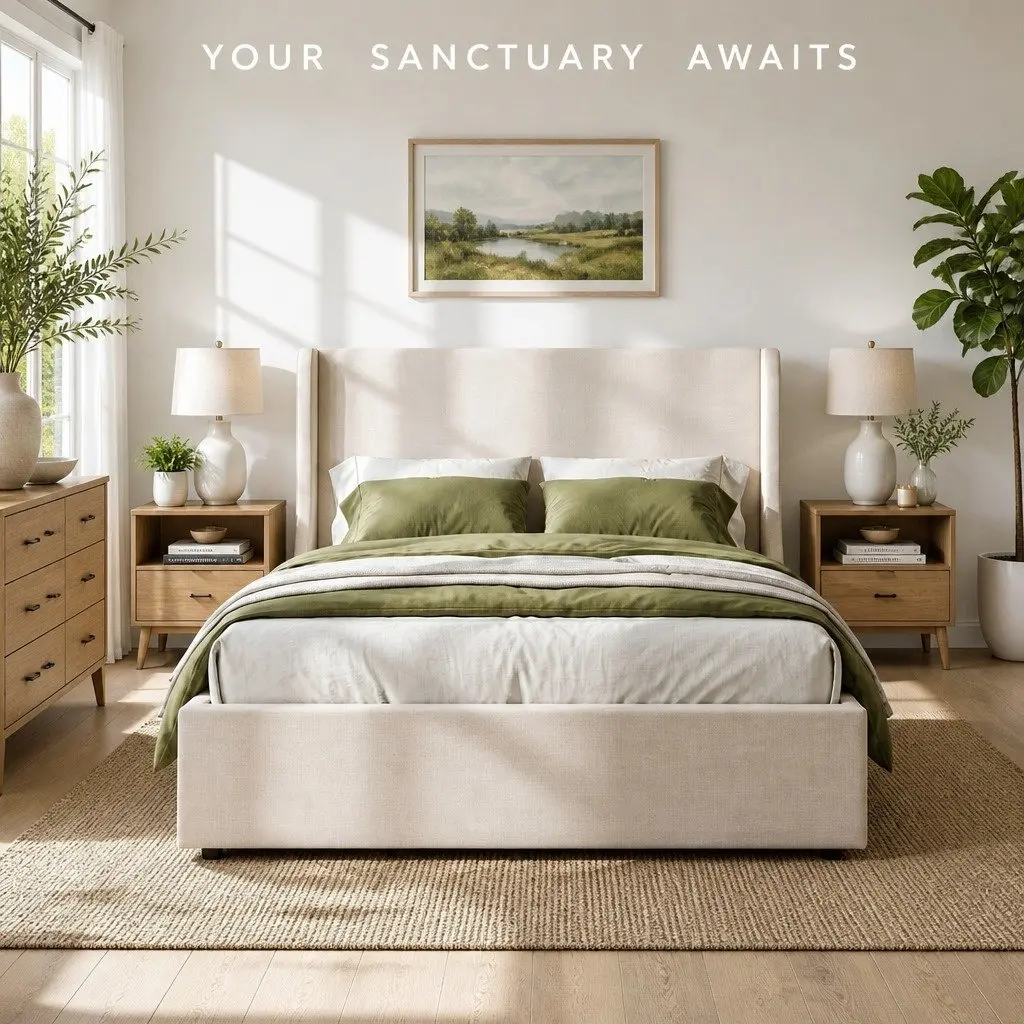 King Bed Frame Beige Upholstered with Wingback Headboard and 3 Storage Drawers