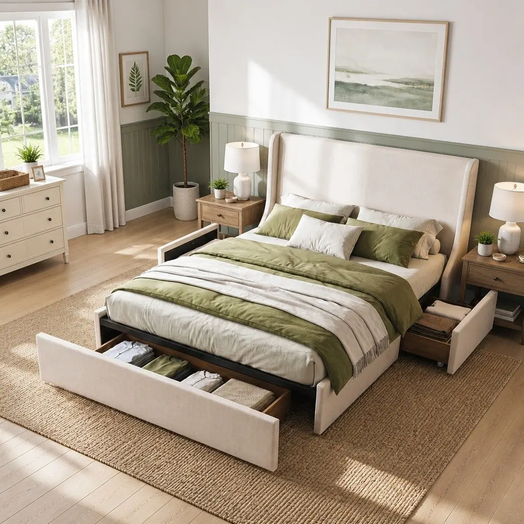 Queen Upholstered Bed Frame with 3 Storage Drawers Wingback Headboard Metal