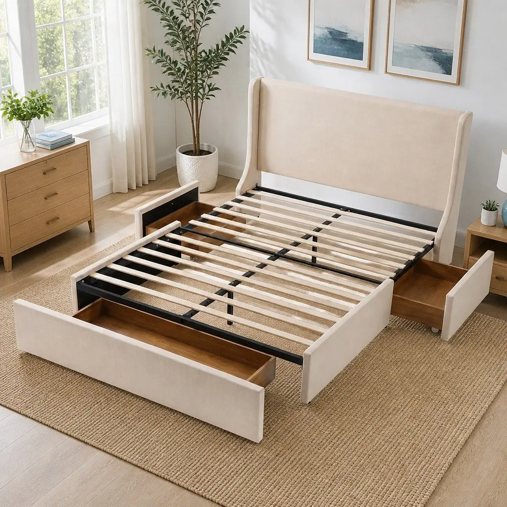 Queen Upholstered Bed Frame Beige with 3 Storage Drawers Wingback Headboard Metal Frame