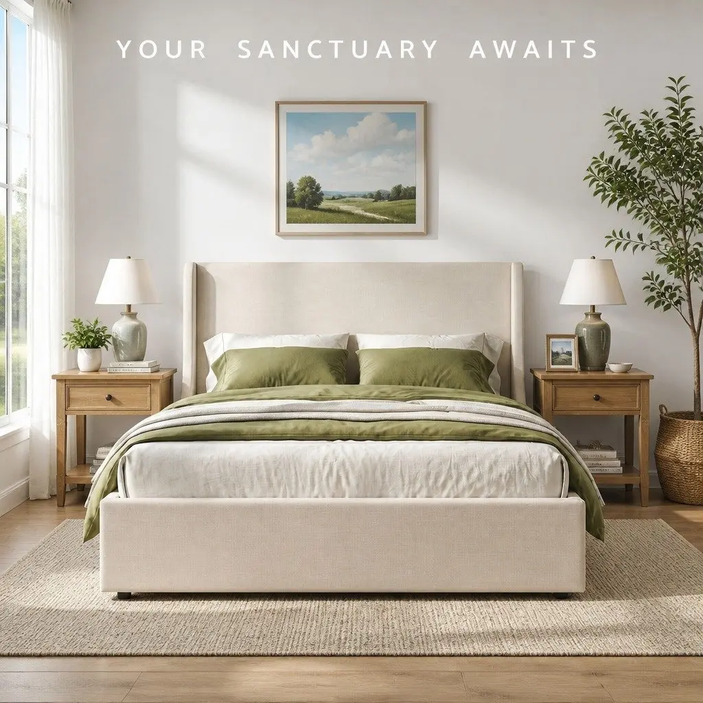 Queen Upholstered Bed Frame Beige with 3 Storage Drawers Wingback Headboard Metal Frame