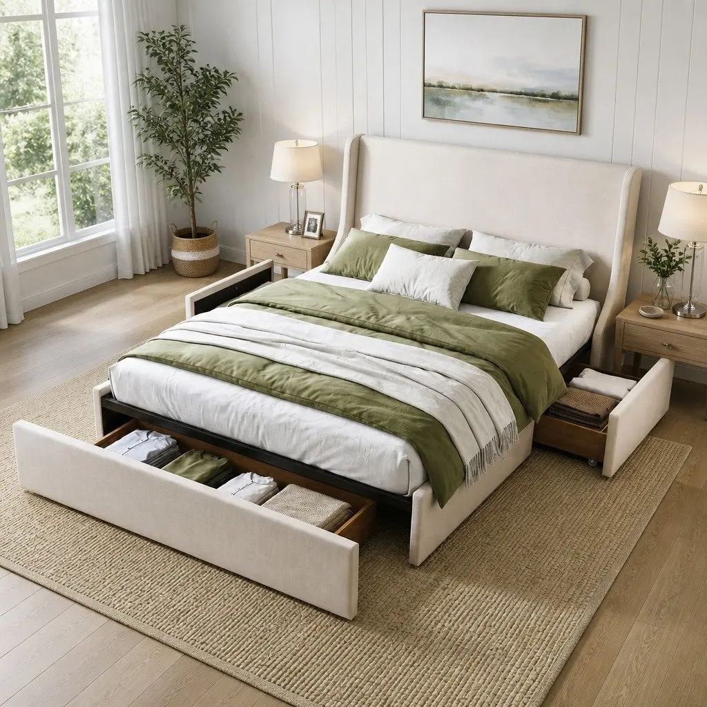 Queen Upholstered Bed Frame Beige with 3 Storage Drawers Wingback Headboard Metal Frame