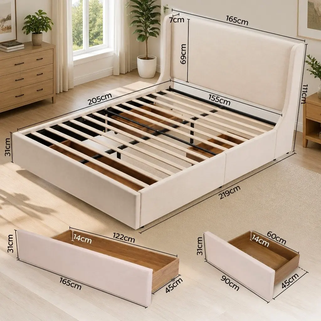 Queen Upholstered Bed Frame Beige with 3 Storage Drawers Wingback Headboard Metal Frame