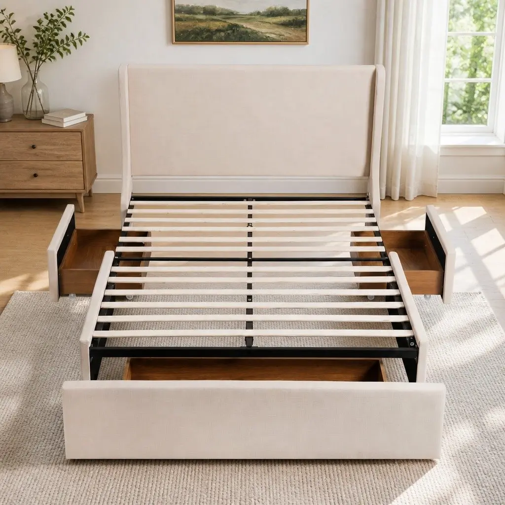 Queen Upholstered Bed Frame Beige with 3 Storage Drawers Wingback Headboard Metal Frame