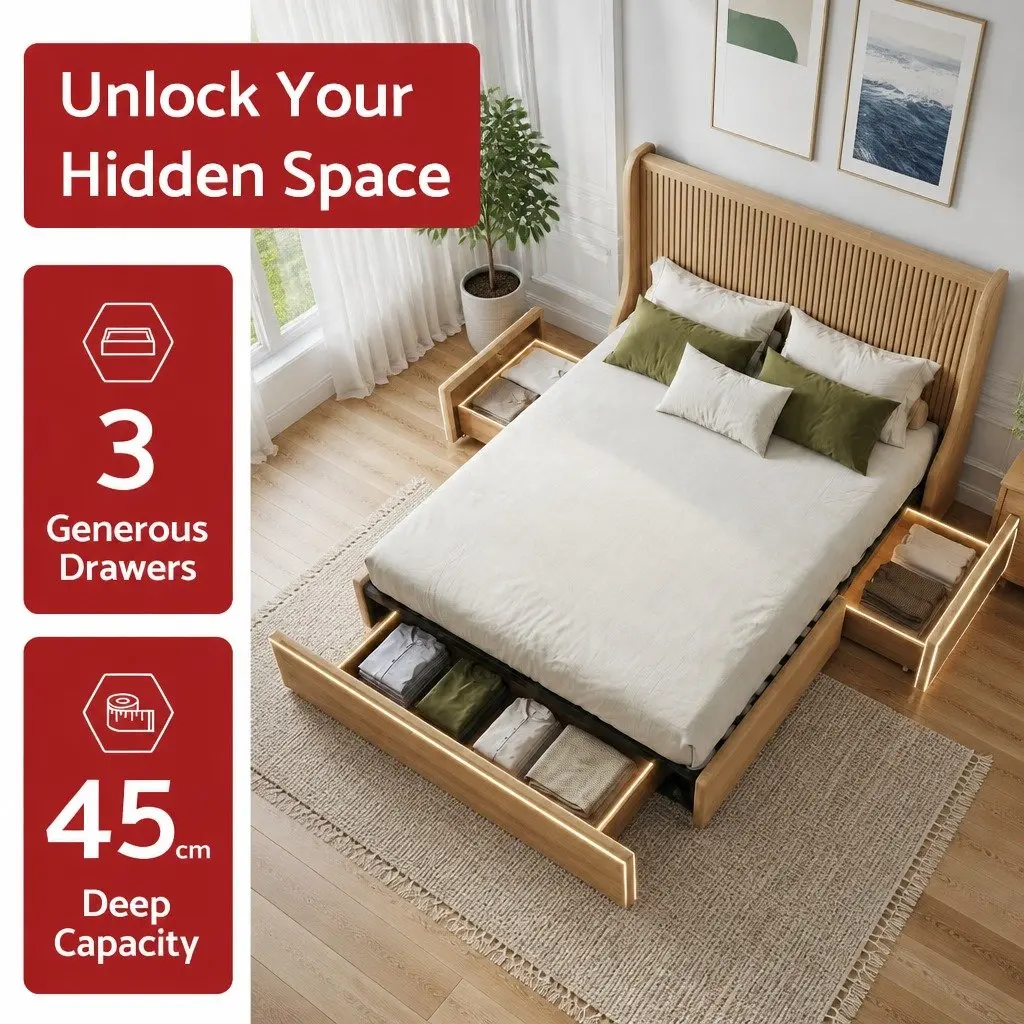 Queen Upholstered Bed Frame Beige with 3 Storage Drawers Wingback Headboard Metal Frame