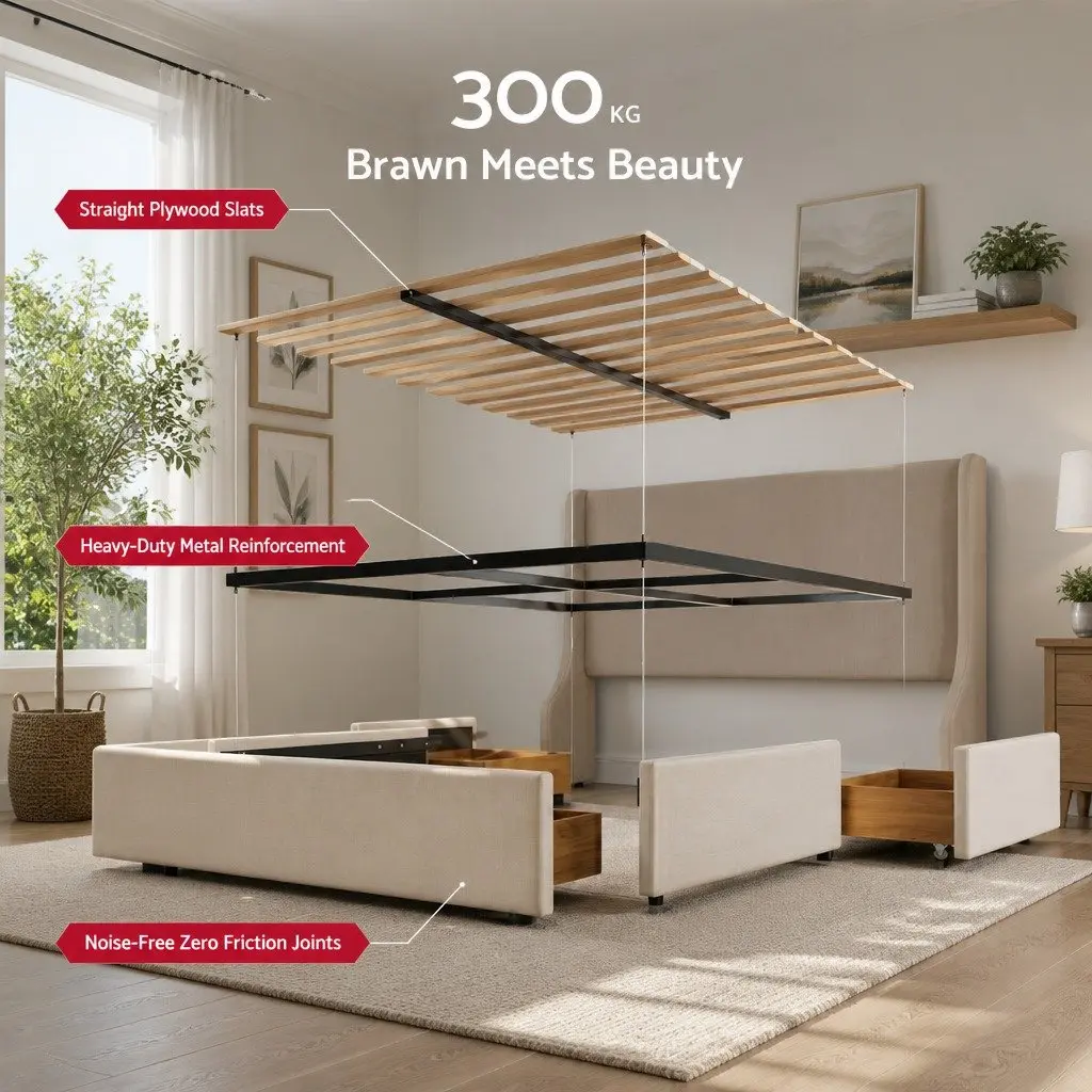 Queen Upholstered Bed Frame Beige with 3 Storage Drawers Wingback Headboard Metal Frame