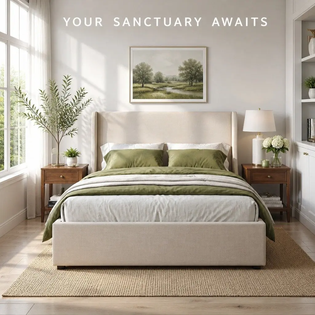 Queen Upholstered Bed Frame Beige with 3 Storage Drawers Wingback Headboard Metal Frame