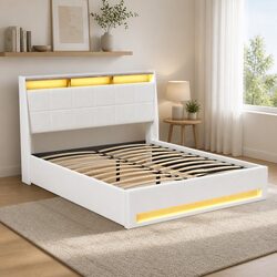 Double Bed Frame Gas Lift Storage LED Lights Headboard White Platform Base