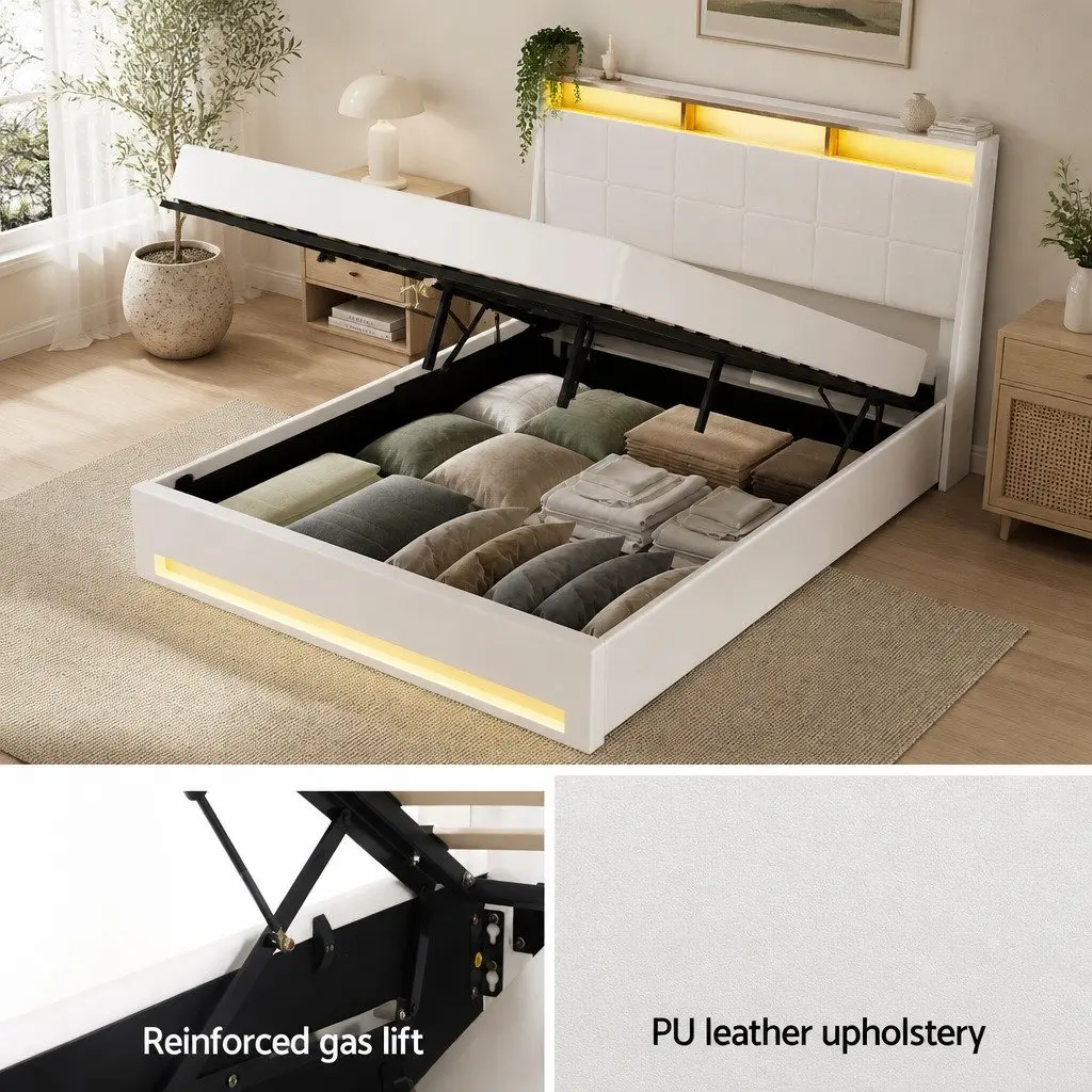Double Bed Frame White Double Gas Lift Storage LED Lights Headboard