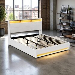 King Size Gas Lift Bed Frame LED Lights Storage Headboard White Platform Base