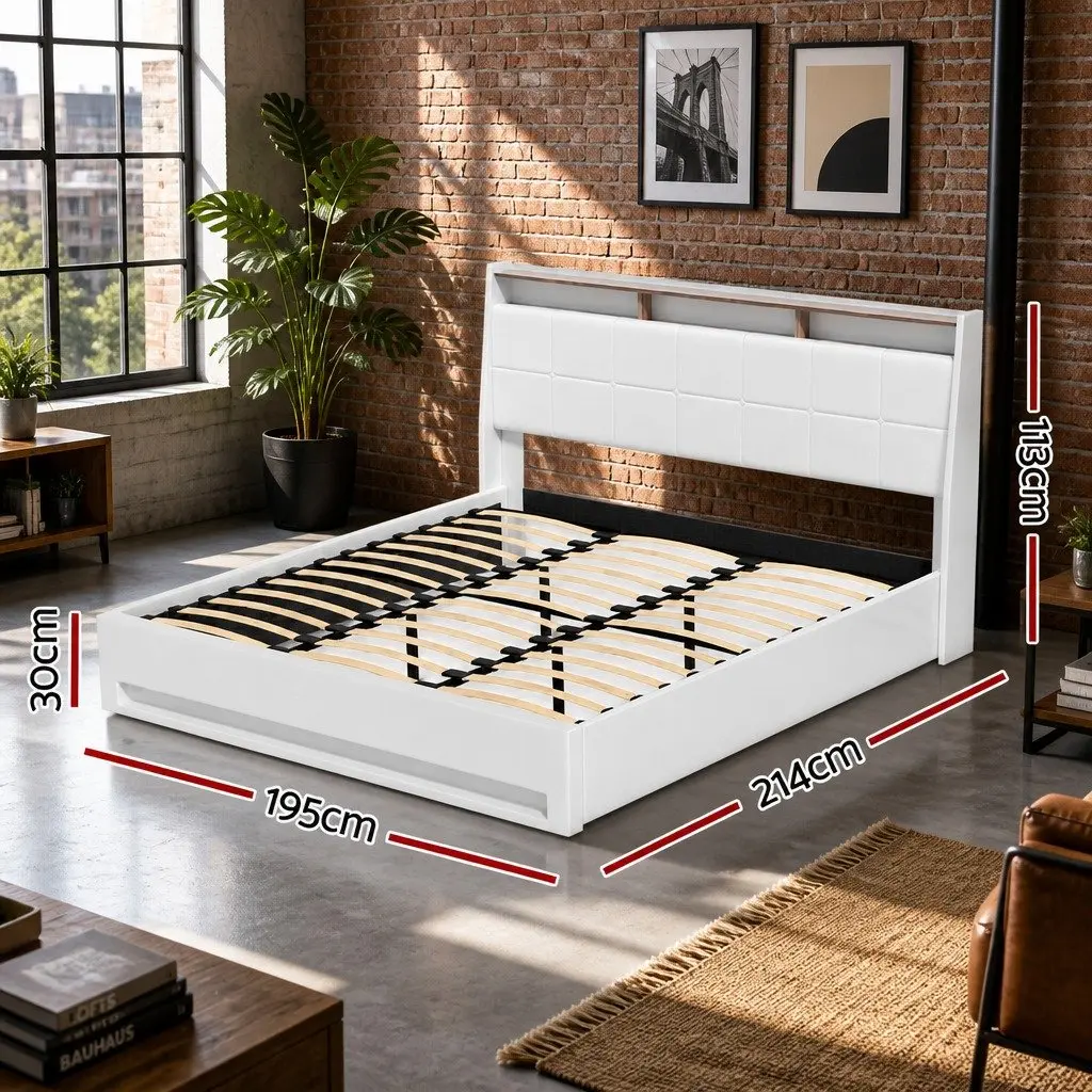King Size Bed Frame White Gas Lift Storage LED Lights Upholstered Headboard