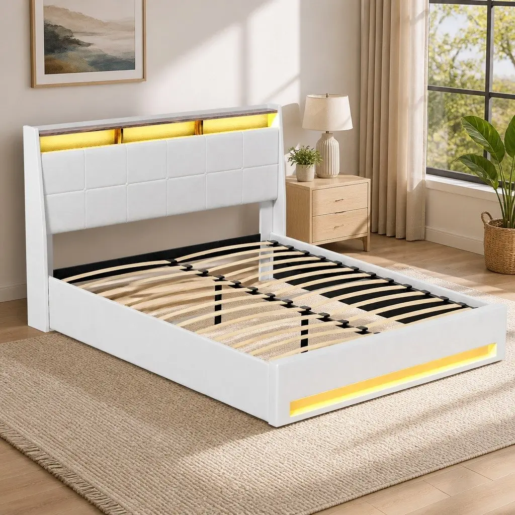 Queen Size Bed Frame White Gas Lift with LED Headboard and Storage Platform