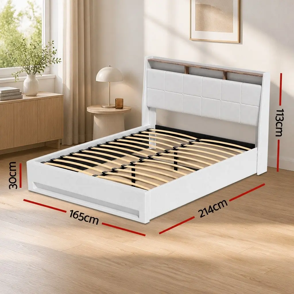 Queen Size Bed Frame White Gas Lift with LED Headboard and Storage Platform