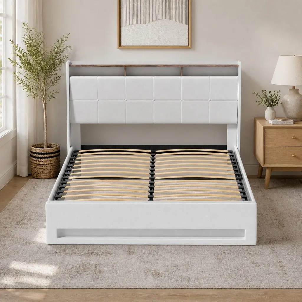 Queen Size Bed Frame White Gas Lift with LED Headboard and Storage Platform