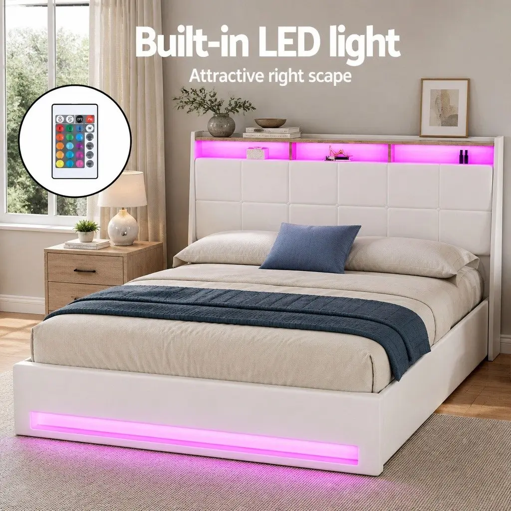 Queen Size Bed Frame White Gas Lift with LED Headboard and Storage Platform