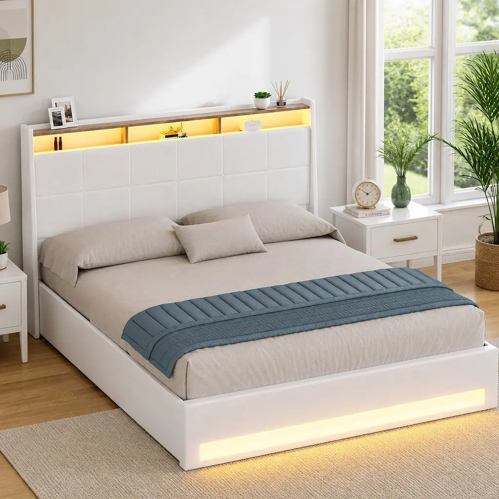 Queen Size Bed Frame White Gas Lift with LED Headboard and Storage Platform