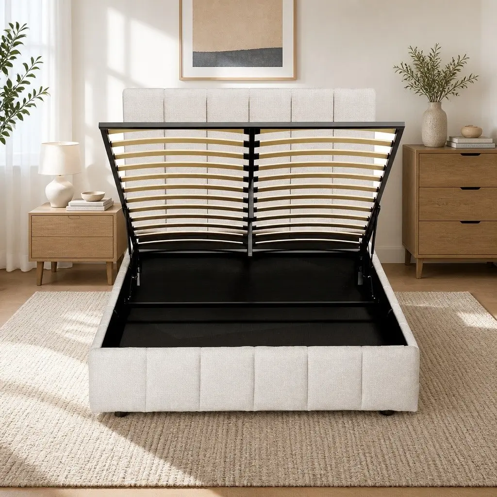 Double Bed Frame Beige Upholstered Linen Gas Lift Storage