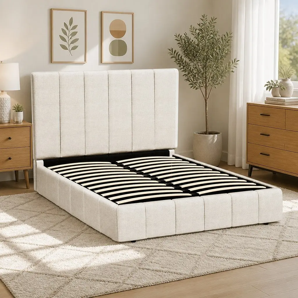 Double Bed Frame Beige Upholstered Linen Gas Lift Storage