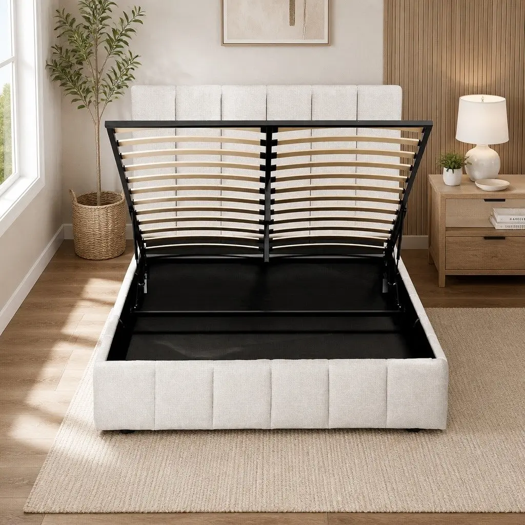 Queen Bed Frame Upholstered Beige Linen Gas Lift Storage Wooden Slat