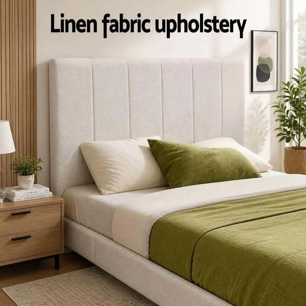 Queen Bed Frame Upholstered Beige Linen Gas Lift Storage Wooden Slat