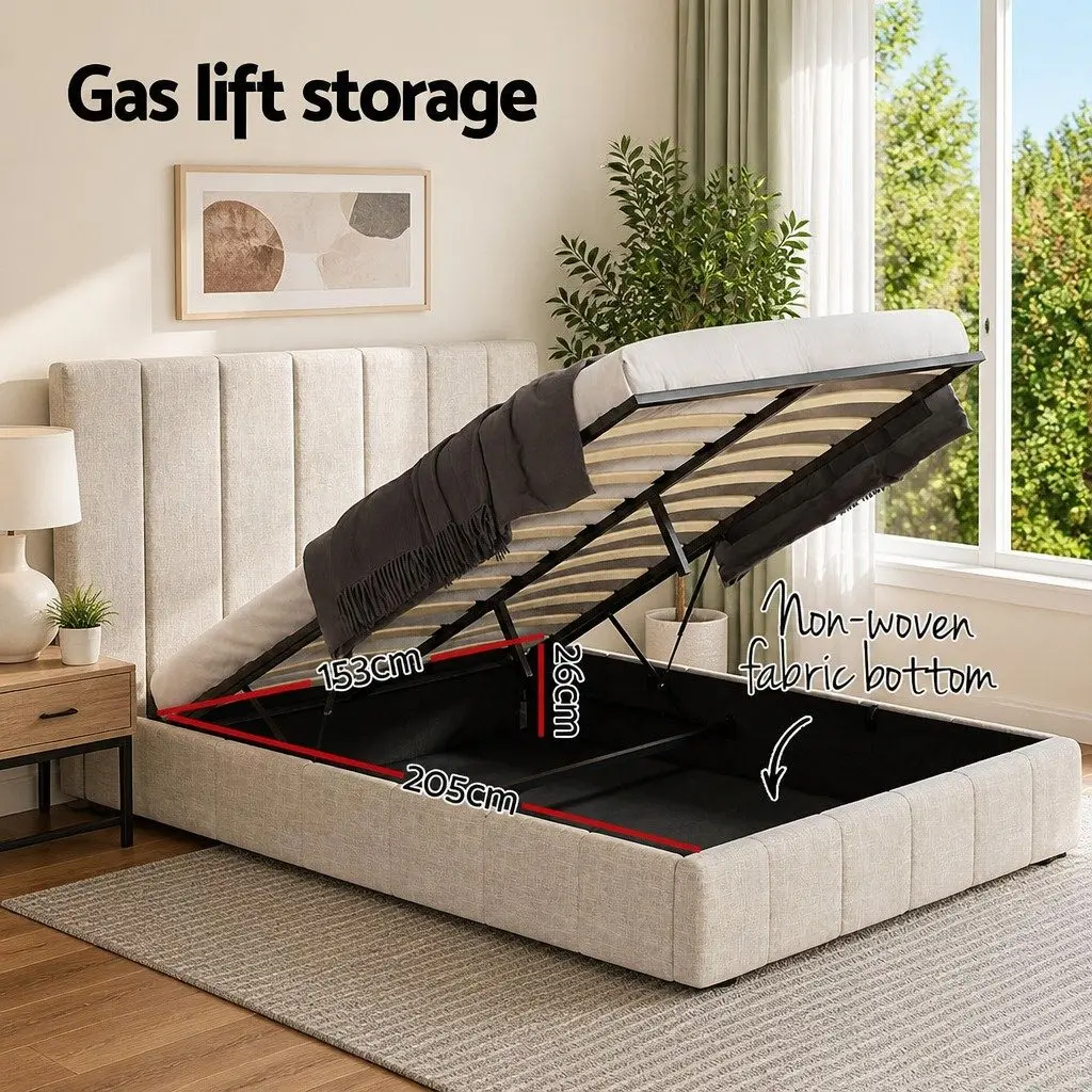 Queen Bed Frame Upholstered Beige Linen Gas Lift Storage Wooden Slat