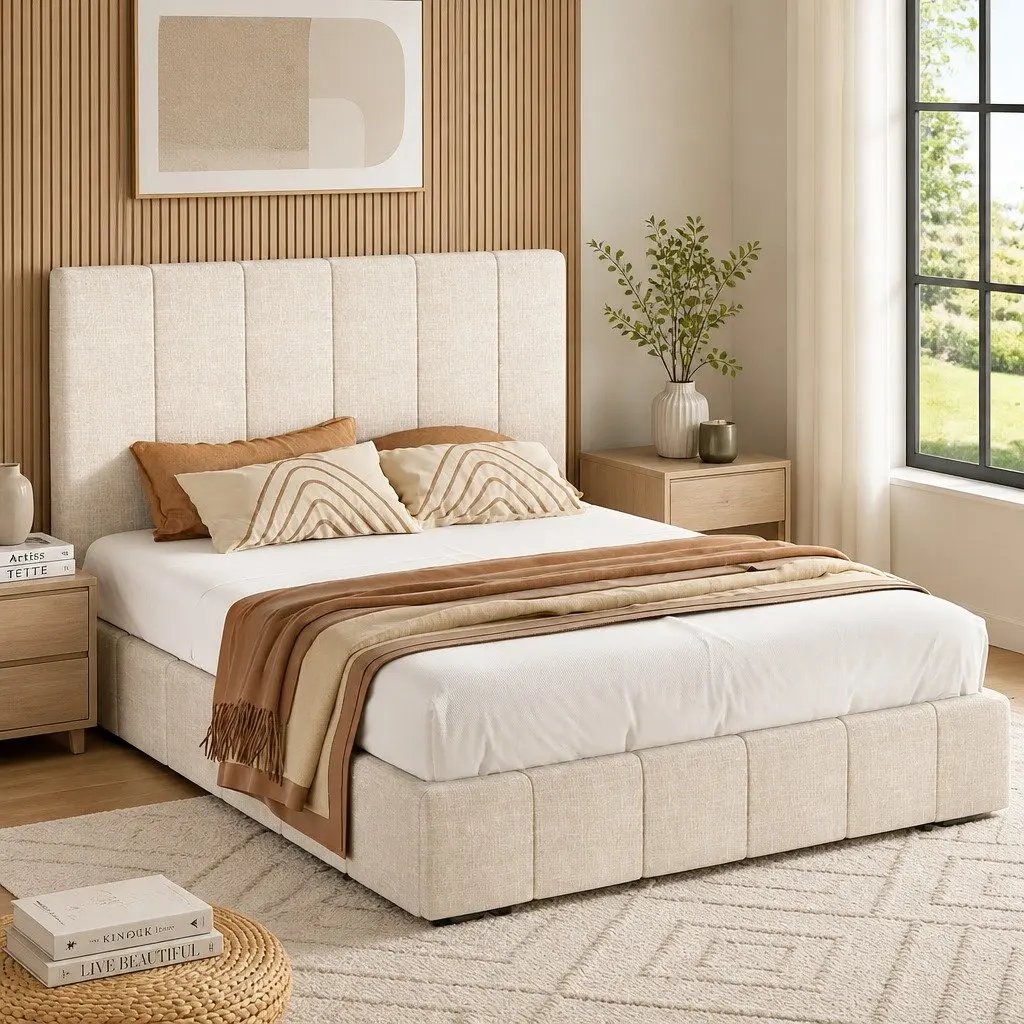 Queen Bed Frame Upholstered Beige Linen Gas Lift Storage Wooden Slat