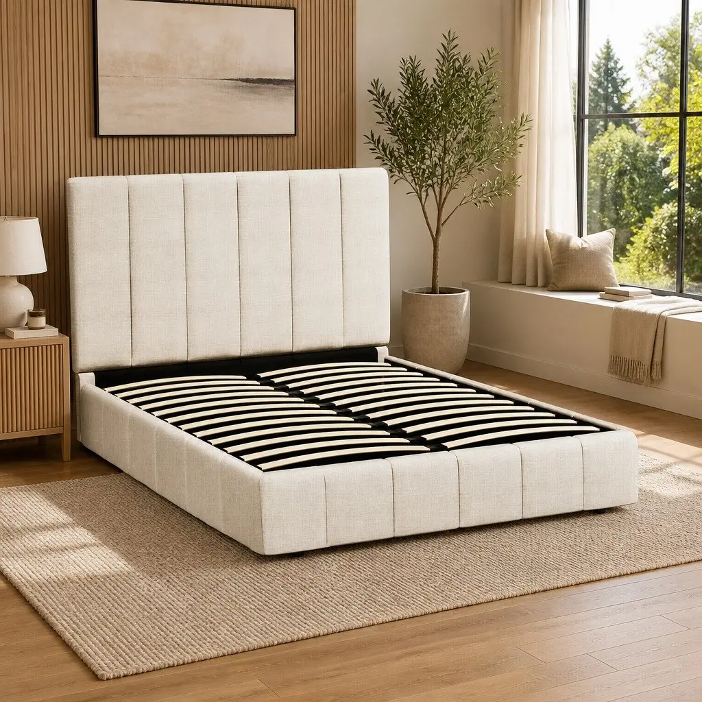 Queen Bed Frame Upholstered Beige Linen Gas Lift Storage Wooden Slat