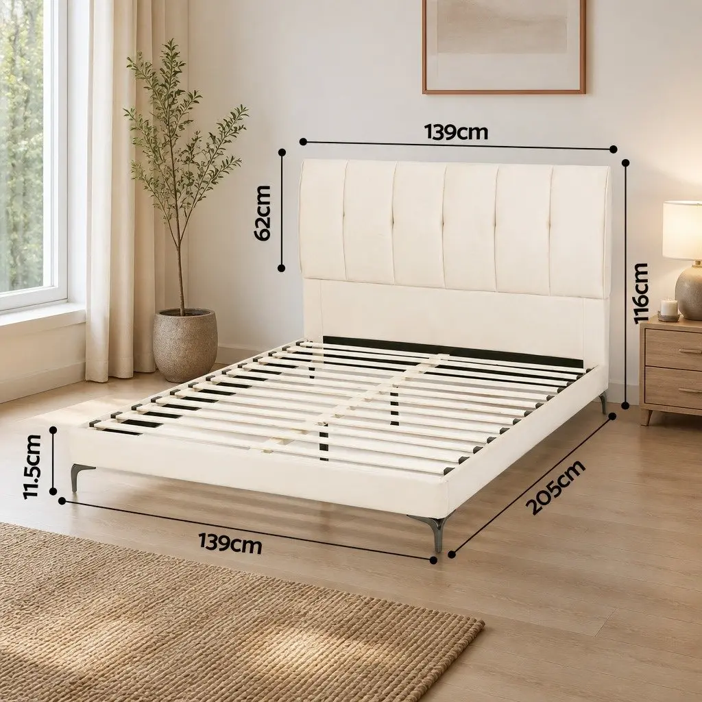 Double Bed Frame Beige Upholstered Platform Tufted Headboard 300kg Support